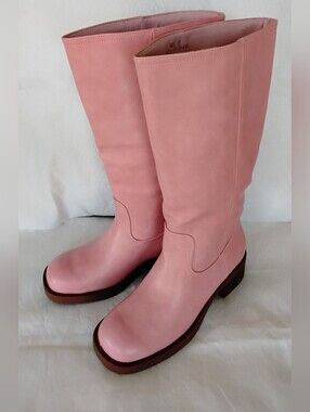 Women's Knee-High Pink Leather Heeled Boots
